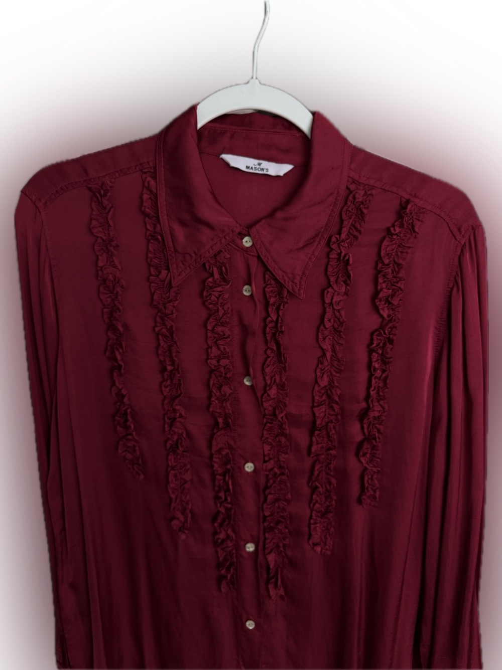 Vibrant Magenta Ruffled Front Button-Up Satin Blouse, US 8/ EU 44